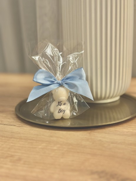 Mydełko mały miś w celofanie ze wstążką na PODZIĘKOWANIA - baby shower - it's a girl / it's a boy - gender reveal, narodziny dziecka, podziękowanie