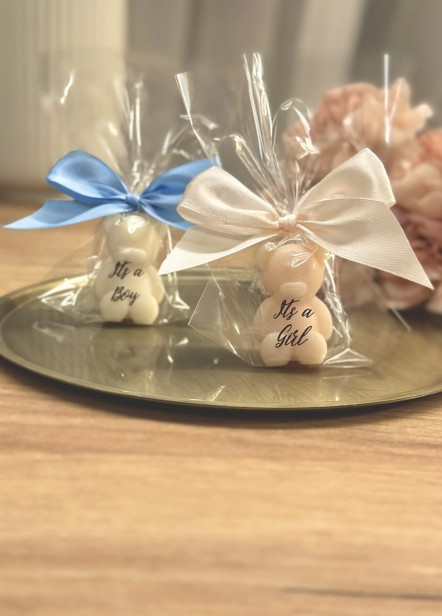 Mydełko mały miś w celofanie ze wstążką na PODZIĘKOWANIA - baby shower - it's a girl / it's a boy - gender reveal, narodziny dziecka, podziękowanie