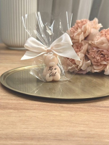 Mydełko mały miś w celofanie ze wstążką na PODZIĘKOWANIA - baby shower - it's a girl / it's a boy - gender reveal, narodziny dziecka, podziękowanie