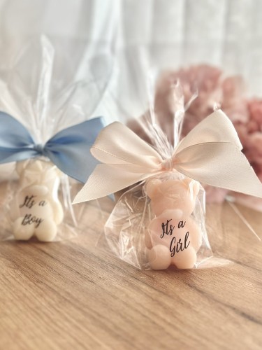 Mydełko mały miś w celofanie ze wstążką na PODZIĘKOWANIA - baby shower - it's a girl / it's a boy - gender reveal, narodziny dziecka, podziękowanie