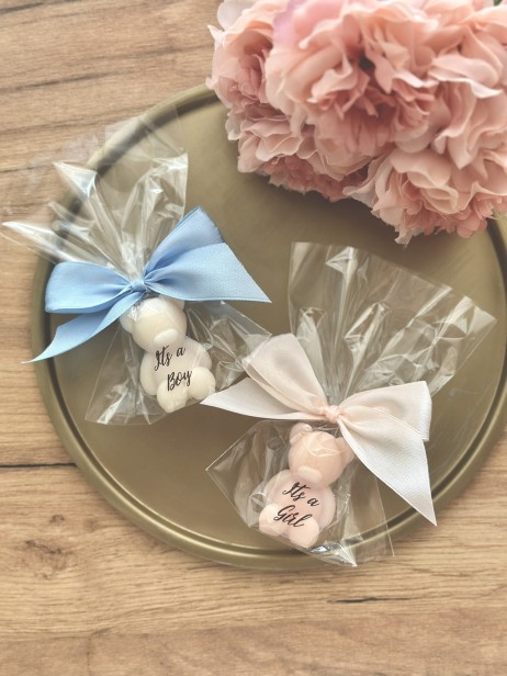 Mydełko mały miś w celofanie ze wstążką na PODZIĘKOWANIA - baby shower - it's a girl / it's a boy - gender reveal, narodziny dziecka, podziękowanie