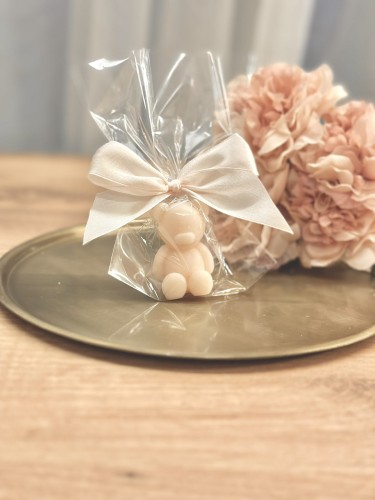 Mydełko mały miś w celofanie ze wstążką na PODZIĘKOWANIA - możliwość PERSONALIZACJI  - ślub, panieński, baby shower, chrzciny, urodziny i inne uroczystości, podziękowanie