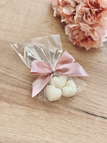 Mydełka serduszka w celofanie ze wstążką na PODZIĘKOWANIA  - ślub, panieński, baby shower, chrzciny, dla nauczycieli, urodziny i inne uroczystości, podziękowanie