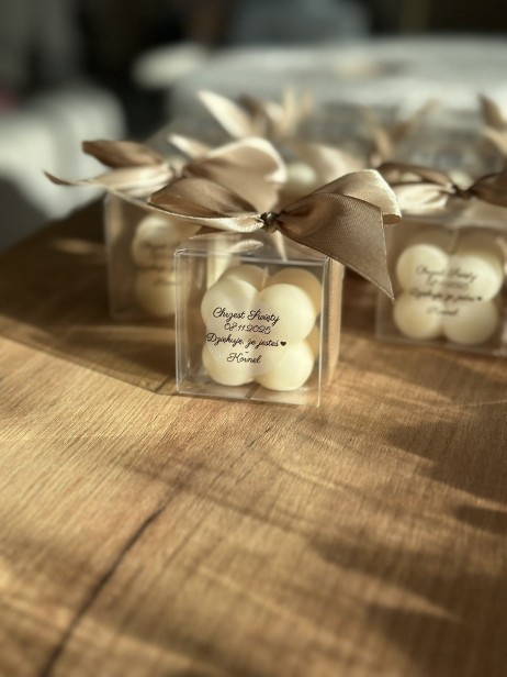 Personalizowana świeca sojowa Bubble mini w pudełeczku ze wstążką PODZIĘKOWANIA - zapachowa/bezzapachowa -"dziękujemy", "dziękujemy za przybycie"- ślub, wesele, panieński, baby shower, chrzciny, urodziny, dzień nauczyciela, podziękowanie