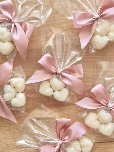 Mydełka serduszka w celofanie ze wstążką na PODZIĘKOWANIA  - ślub, panieński, baby shower, chrzciny, dla nauczycieli, urodziny i inne uroczystości, podziękowanie