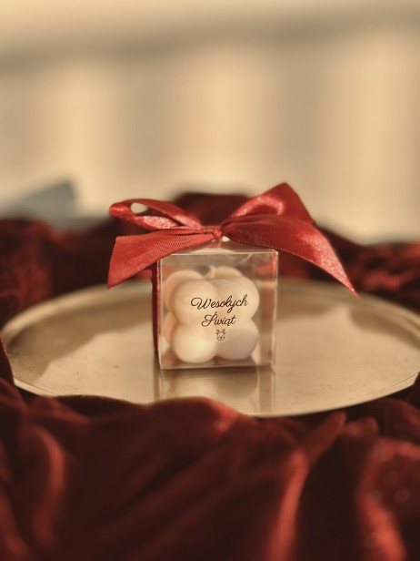 Personalizowana świeca sojowa Bubble mini w pudełeczku ze wstążką PODZIĘKOWANIA - zapachowa/bezzapachowa - prezent, upominek, na święta bożego narodzenia, Mikołaja, gwiazdkę, Wigilię, dla rodziny, znajomych, przyjaciół, klientów, pracowników