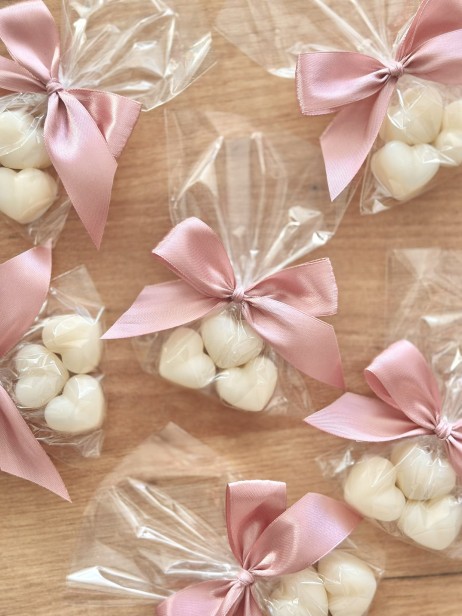 Mydełka serduszka w celofanie ze wstążką na PODZIĘKOWANIA - ślub, panieński, baby shower, chrzciny, chrzest, dla nauczycieli, urodziny, uroczystości, podziękowanie, I komunia święta