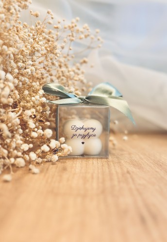 Personalizowana świeca sojowa Bubble mini w pudełeczku ze wstążką PODZIĘKOWANIA - zapachowa/bezzapachowa -"dziękujemy", "dziękujemy za przybycie"- ślub, wesele, panieński, baby shower, chrzciny, urodziny, dzień nauczyciela, podziękowanie