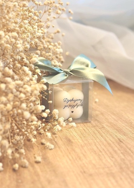 Personalizowana świeca sojowa Bubble mini w pudełeczku ze wstążką PODZIĘKOWANIA - zapachowa/bezzapachowa -"dziękujemy", "dziękujemy za przybycie"- ślub, wesele, panieński, baby shower, chrzciny, urodziny, dzień nauczyciela, podziękowanie