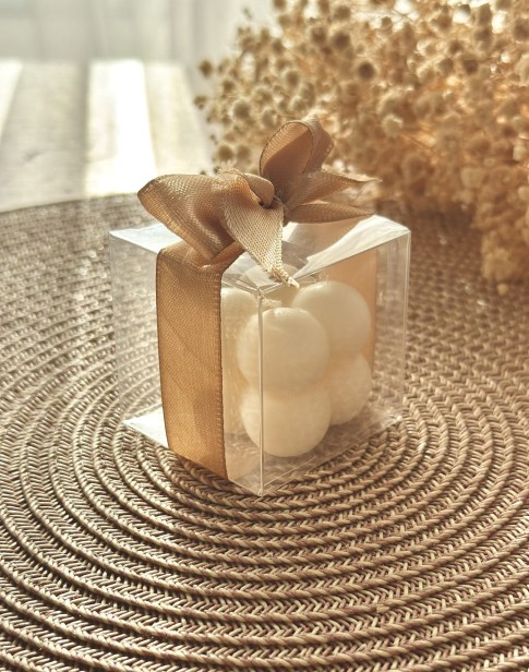 Świeca sojowa Bubble mini w pudełeczku ze wstążką z możliwością PERSONALIZACJI na PODZIĘKOWANIA - zapachowa/bezzapachowa -  ślub, panieński, baby shower, chrzciny, urodziny, dzień nauczyciela i inne uroczystości, podziękowanie